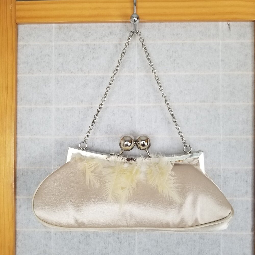 Ivory Satin Evening Bag Kiss Lock Feather Detail Chain Strap Mini Crescent Purse